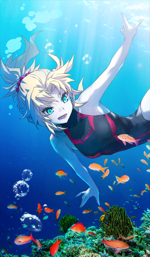 konoe ototsugu, mordred (fate), fate/grand order, fate (series), commentary request, game cg, official art, third-party source, 1girl, air bubble, aqua eyes, black one-piece swimsuit, blonde hair, blue background, breasts, bubble, collarbone, coral reef, day, diving, fish, light rays, medium hair, official alternate costume, one-piece swimsuit, outstretched arm, parted bangs, photo background, sidelocks, small breasts, solo, sunbeam, sunlight, swimming, swimsuit, underwater