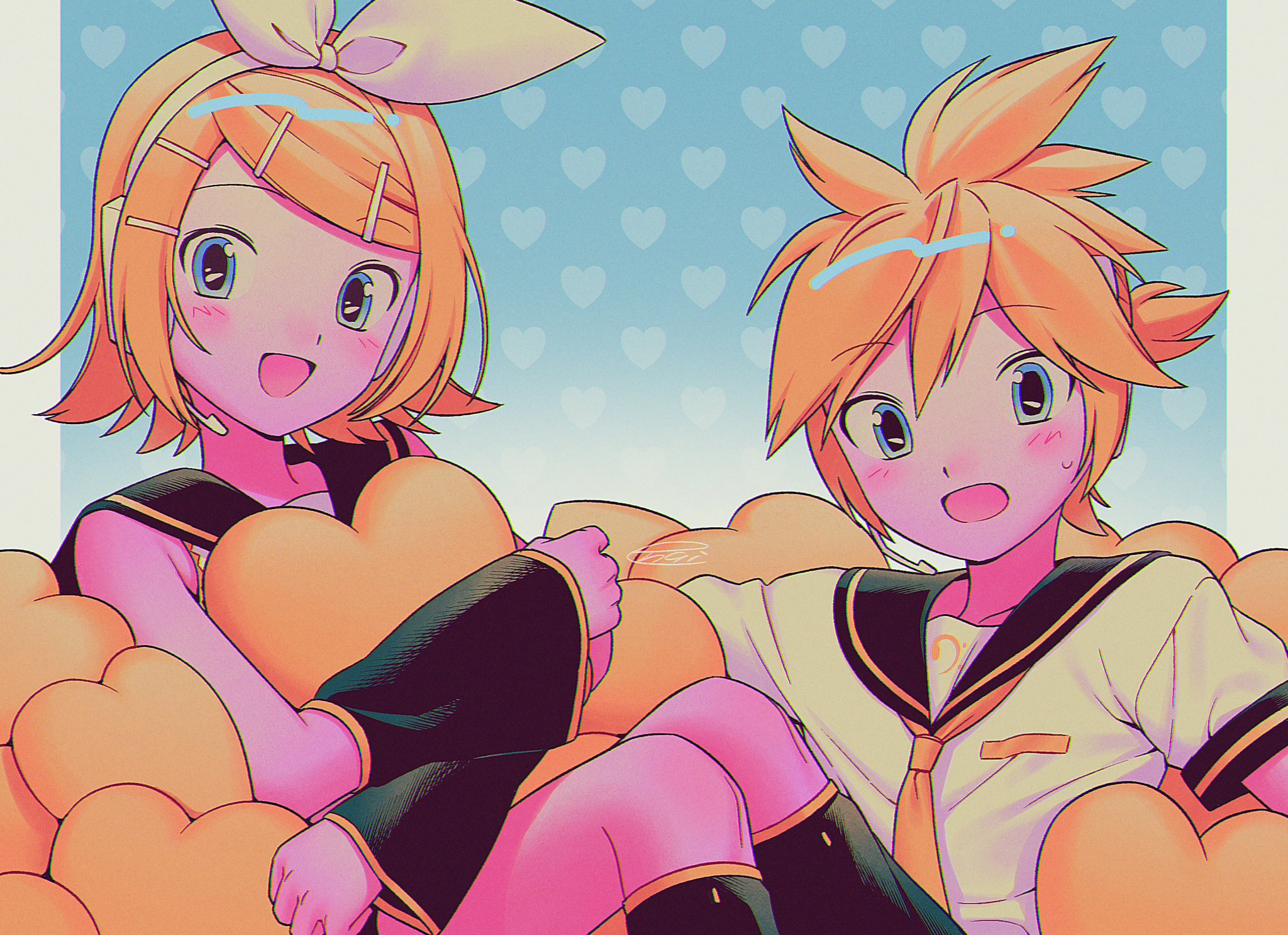menma (enaic31), kagamine len, kagamine rin, vocaloid, commentary, highres, symbol-only commentary, 1boy, 1girl, :d, bare shoulders, black sailor collar, black sleeve cuffs, black sleeves, black socks, blonde hair, blue background, blue eyes, blush, bow, brother and sister, chromatic aberration, detached sleeves, double-parted bangs, feet out of frame, film grain, flipped hair, gradient background, hair between eyes, hair bow, hair ornament, headphones, headset, heart, heart-shaped pillow, heart background, holding, holding pillow, hugging object, kneehighs, knees up, long sleeves, looking at viewer, necktie, open mouth, outside border, pillarboxed, pillow, retro artstyle, sailor collar, shirt, short hair, short sleeves, siblings, signature, sitting, sleeveless, sleeveless shirt, smile, socks, sweatdrop, swept bangs, tongue, twins, upper body, white background, white bow, white shirt, yellow necktie, yellow trim