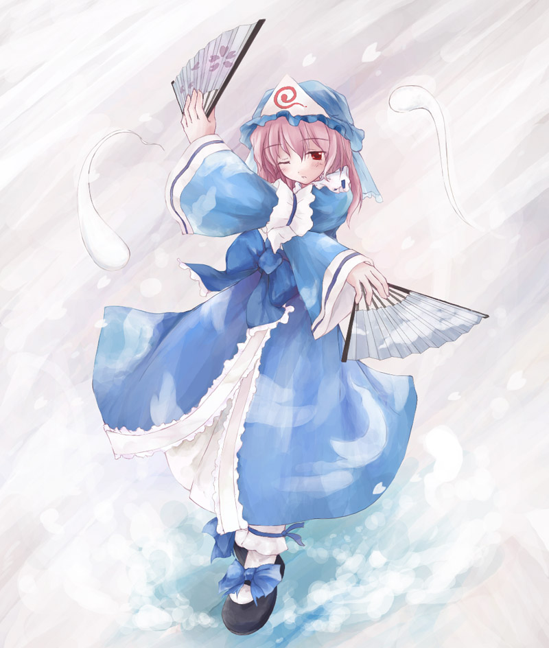 yukitarou (awamori), saigyouji yuyuko, touhou, 1girl, dancing, dual wielding, female focus, folding fan, full body, hand fan, hat, hitodama, holding, japanese clothes, kimono, obi, one eye closed, pink hair, red eyes, sash, shoes, solo, triangular headpiece, x arms