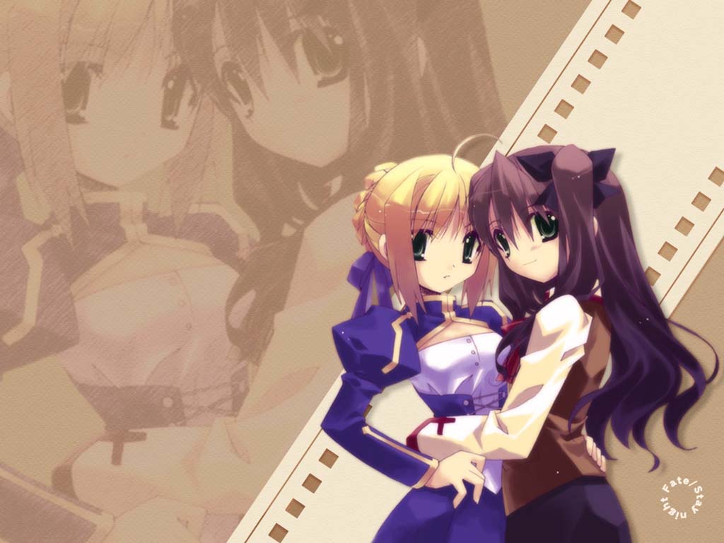 artoria pendragon (fate), saber (fate), tohsaka rin, fate/stay night, fate (series), 00s, 2girls, ahoge, arms around waist, blonde hair, brown background, brown hair, corset, expressionless, hair ribbon, hand on another's hip, hand on own hip, homurabara academy school uniform, hug, long hair, looking at viewer, multiple girls, puffy sleeves, ribbon, school uniform, serafuku, shirt, smile, twintails, two side up, vest, zoom layer