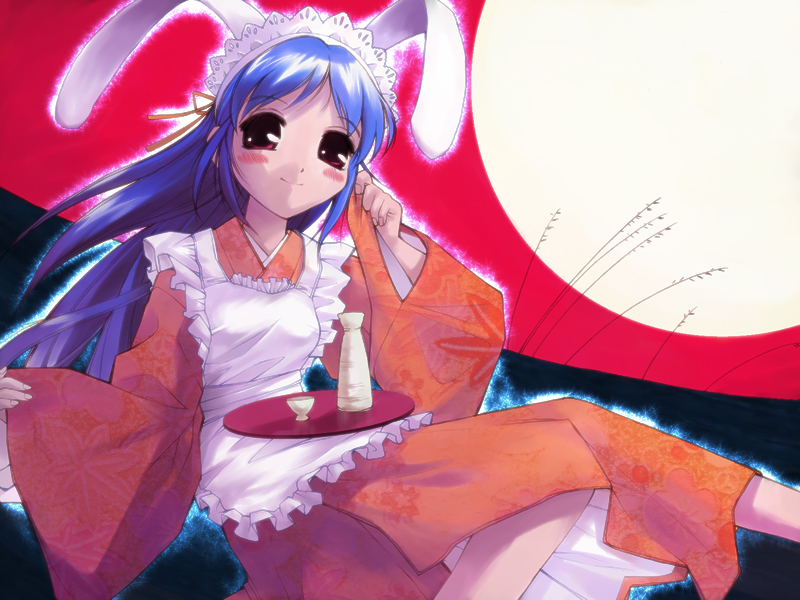 akiyoshi yoshiaki, original, 1girl, alcohol, animal ears, apron, blue hair, brown eyes, female focus, full moon, japanese clothes, kimono, maid, maid apron, moon, purple hair, rabbit ears, sake, solo, tray, wa maid