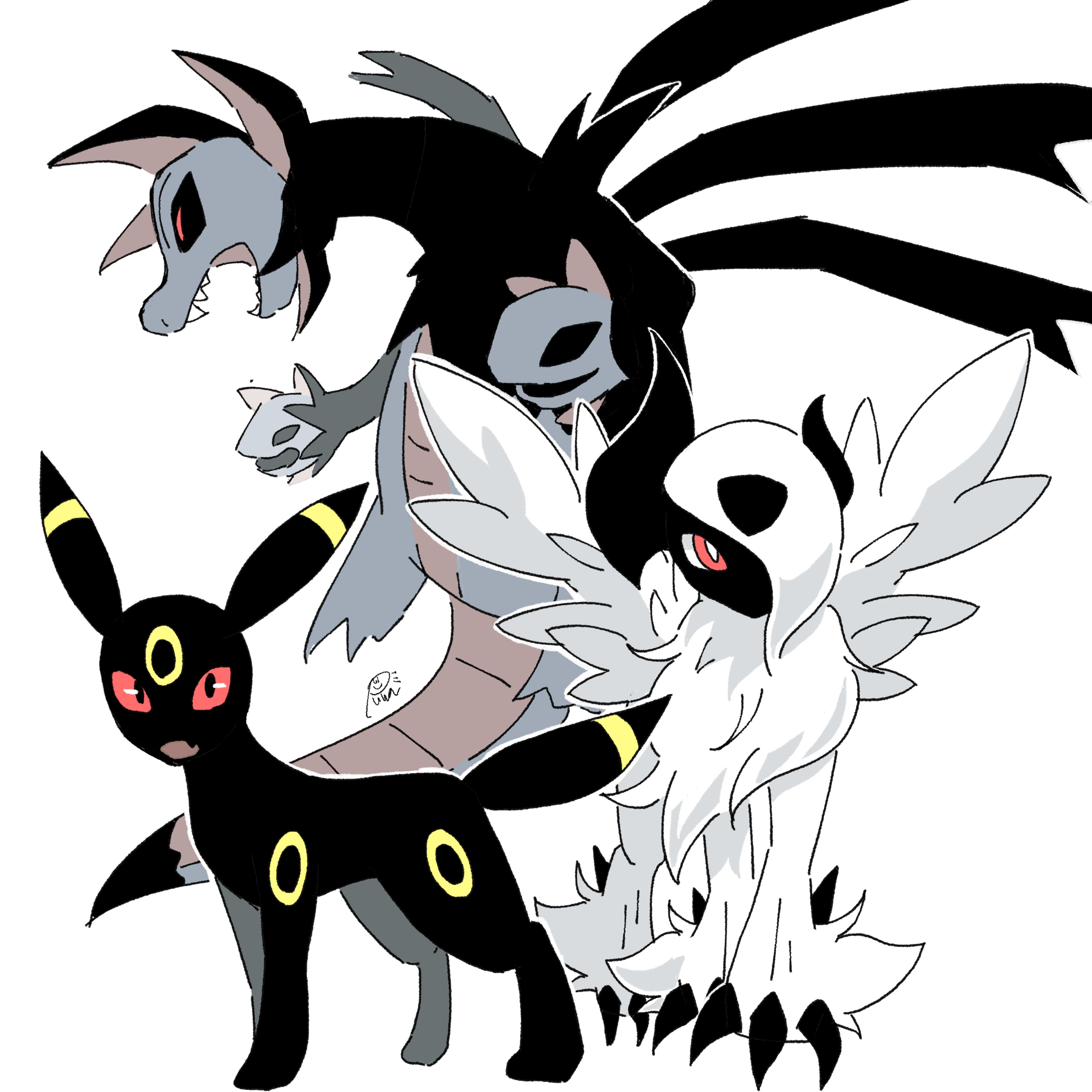 punaparu, absol, hydreigon, mega absol, umbreon, nintendo, pokemon, absurdres, commentary request, highres, black eyes, fang, gen 2 pokemon, gen 3 pokemon, gen 5 pokemon, mega pokemon, no humans, open mouth, pokemon (creature), red eyes, simple background, white background, wings