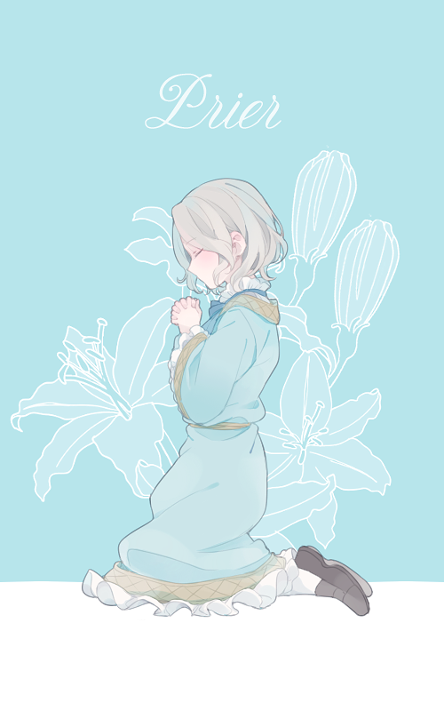 saku anna, france (hetalia), axis powers hetalia, commentary request, 1boy, belt, black shoes, blonde hair, blue background, blue bow, blue bowtie, blue dress, blush, border, bow, bowtie, closed eyes, crossdressing, dress, floral background, frills, full body, hands up, long sleeves, male focus, no mouth, outside border, own hands together, seiza, shoes, short hair, sitting, socks, solo, wavy hair, white border, white socks, wide sleeves, yellow belt