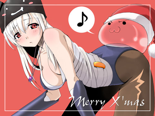 assassin (ragnarok online), poring, ragnarok online, framed, artist request, 1girl, :3, animal hat, arm guards, ass, assassin, bandages, bent over, blob, blush, blush stickers, breasts, brown pantyhose, cat hat, christmas, covered erect nipples, curvy, embarrassed, english text, female focus, frown, gauntlets, gem, hanging breasts, hat, jewelry, long hair, looking at viewer, musical note, necklace, no bra, no panties, pantyhose, pendant, red eyes, santa hat, sitting, slime (creature), solo, speech bubble, submission, thought bubble, white hair, wrapped