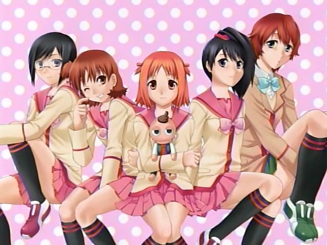 cyndi manabe, hida sayuri, izumi kaori, pucchan, randou rino, tsunomoto rein, gokujou seitokai, anime screenshot, 00s, 5girls, asymmetrical hair, black eyes, black hair, bow, brown eyes, brown hair, everyone, glasses, holding, leg lift, multiple girls, one eye closed, orange hair, pleated skirt, school uniform, serafuku, shoes, short hair, side ponytail, sitting, skirt, smile, sneakers, wink