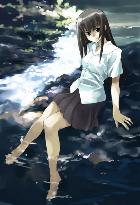 matsumoto noriyuki, original, 1girl, back cover, barefoot, cover, female focus, full body, pleated skirt, river, school uniform, serafuku, sitting, skirt, soaking feet, solo, water