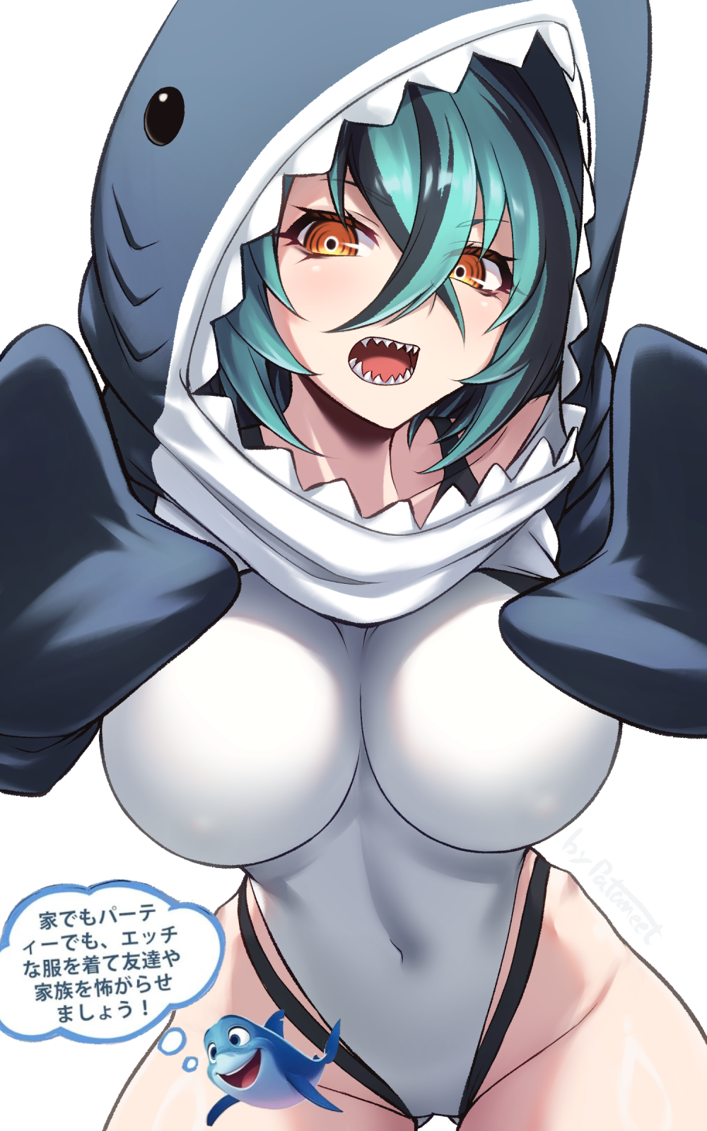 pataneet, original, highres, translation request, 1girl, animal hood, breasts, covered navel, gloves, green hair, hair between eyes, highleg, highleg one-piece swimsuit, hood, large breasts, leaning forward, leotard, looking at viewer, meme, one-piece swimsuit, orange eyes, shark, shark hood, shark meme, sharp teeth, short hair, solo, swimsuit, teeth, white leotard, white one-piece swimsuit