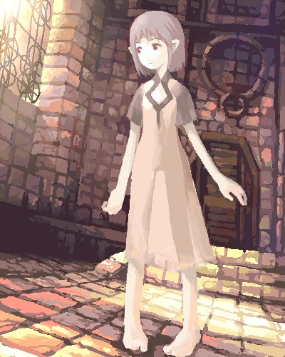 shigatake, yorda, ico, lowres, 1girl, barefoot, dress, female focus, oekaki, pigeon-toed, pointy ears, see-through clothes, short hair, solo, standing