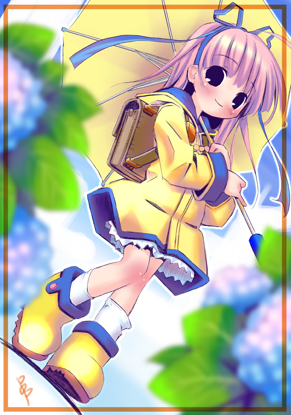 pop, highres, 00s, 1girl, backpack, bag, blush, dutch angle, female focus, flower, hair ribbon, hairband, hydrangea, raincoat, randoseru, ribbon, smile, socks, solo, umbrella, white socks, yellow raincoat