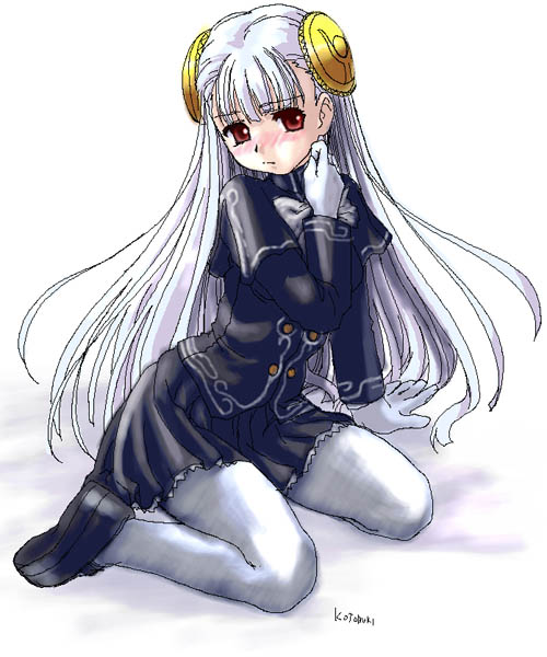 kotobuki hajime, ingrid (capcom), capcom, capcom fighting jam, 1girl, blush, breasts, bun cover, double bun, dress, female focus, gloves, hair bun, hairpods, large breasts, long hair, long sleeves, mary janes, miniskirt, pantyhose, red eyes, ribbon, shirt, shoes, skirt, solo, thighhighs, white gloves, white hair, white pantyhose