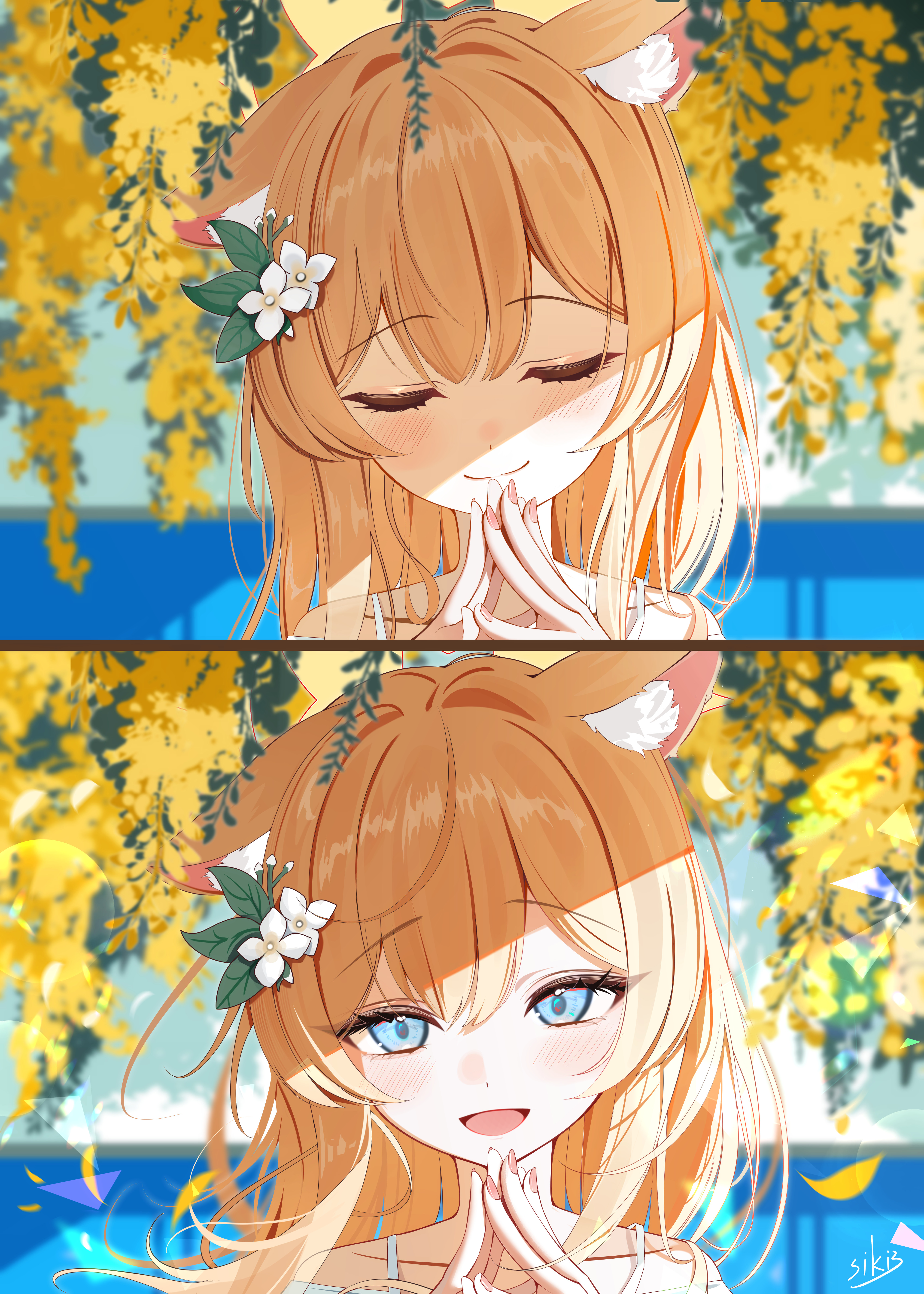 sikimosh, mari (blue archive), blue archive, 1girl, 2koma, animal ears, blue eyes, comic, facing viewer, flower, hair flower, hair ornament, steepled fingers
