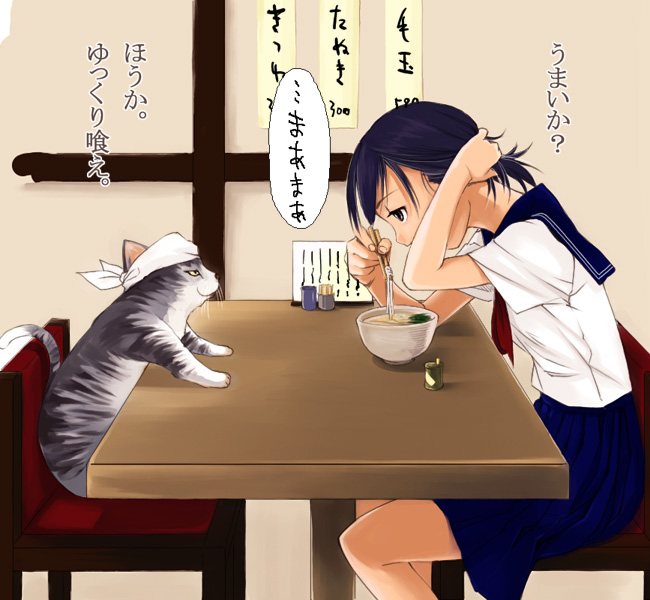 yurikawa, occhan, futaba channel, original, translated, 1girl, animal, black hair, cat, chair, chopsticks, eating, female focus, food, holding, holding own hair, menu, noodles, on chair, pleated skirt, ramen, school uniform, serafuku, sitting, skirt, solo, table, tenugui, udon