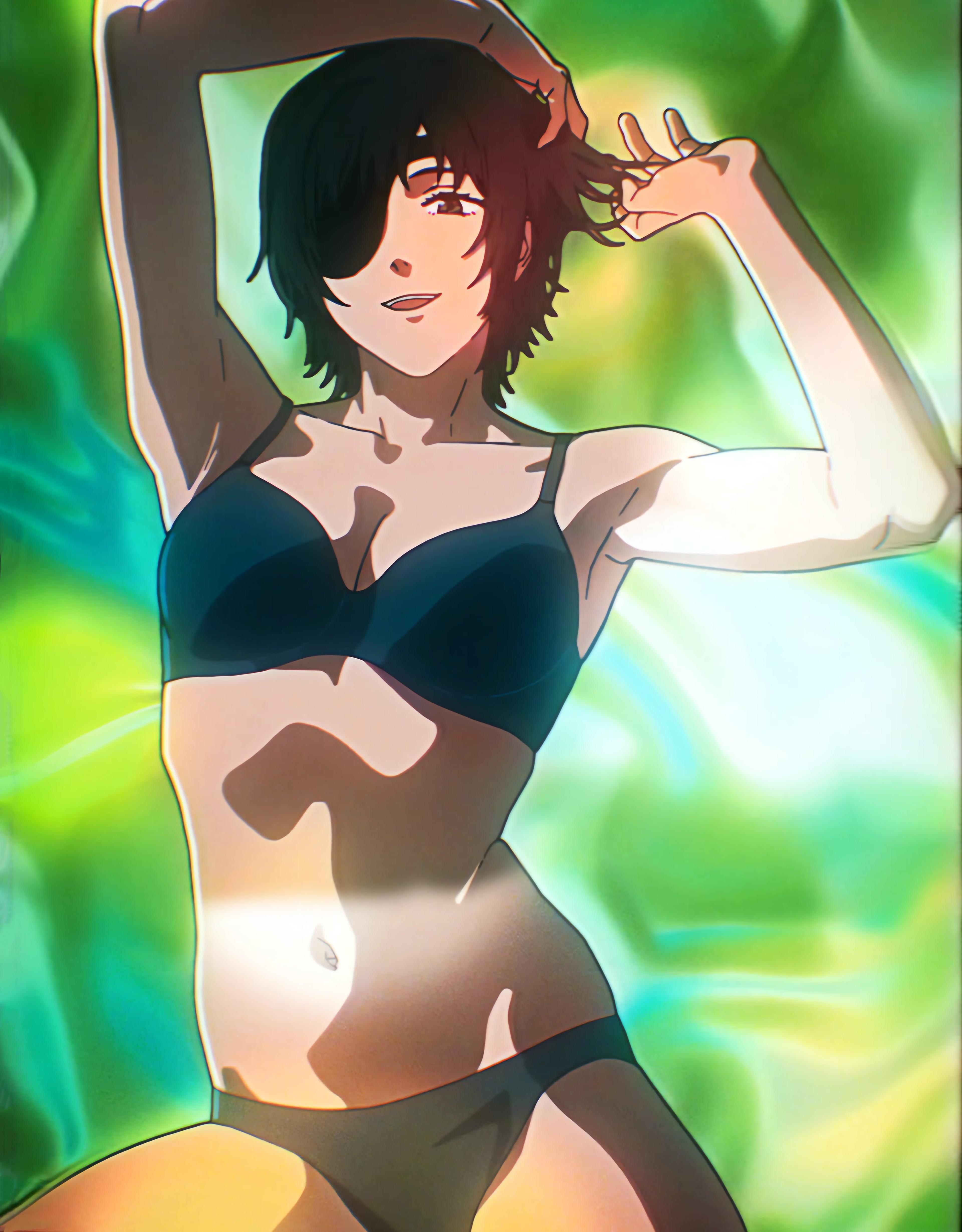 himeno (chainsaw man), chainsaw man, official art, stitched, third-party edit, 1girl, arms up, bare legs, bare shoulders, belly, black bra, black hair, black panties, bra, breasts, collarbone, eyepatch, green background, large breasts, lens flare, lingerie, midriff, navel, one eye covered, panties, short hair, smile, underwear