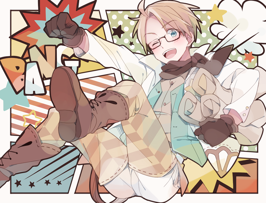 saku anna, america (hetalia), axis powers hetalia, commentary request, 1boy, ahoge, arm up, bandana, black-framed eyewear, blue eyes, blue vest, blush, boots, border, brown bandana, brown boots, brown gloves, brown shirt, buttons, checkered clothes, clenched hand, collared shirt, colorful background, english text, full body, glasses, gloves, holding, holding scroll, jacket, leg warmers, looking at viewer, male focus, motion lines, one eye closed, open clothes, open jacket, open mouth, open vest, outside border, polka dot, polka dot background, scroll, semi-rimless eyewear, shirt, sitting, smile, solo, star (symbol), striped background, teeth, vest, white border, white jacket