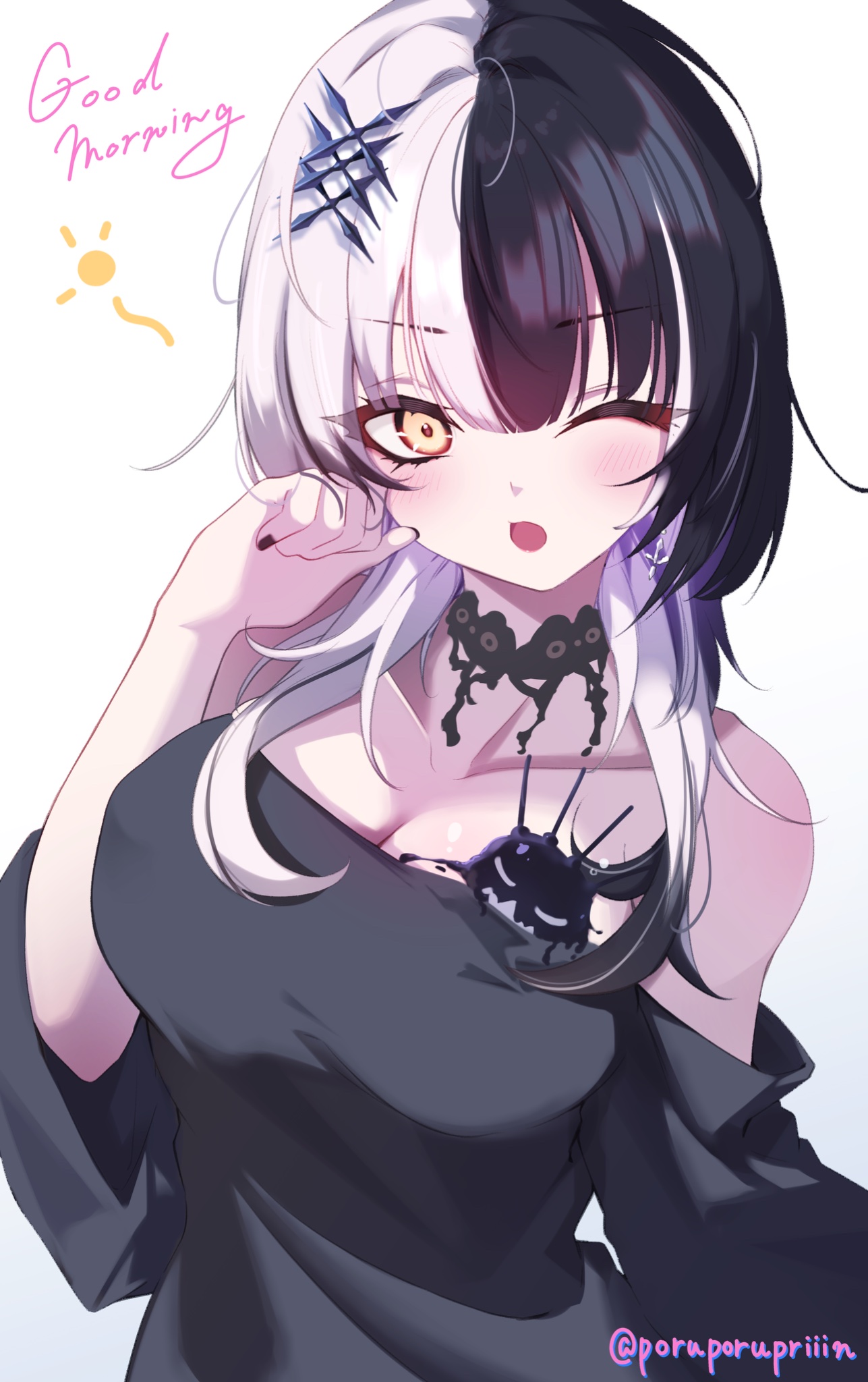 poruporupriiin, shiori novella, yorick (shiori novella), hololive, hololive english, commentary, english commentary, highres, 1girl, ;o, alternate costume, black choker, black hair, black nails, black shirt, blush, breasts, choker, english text, fingernails, grey hair, hair ornament, hand up, large breasts, long hair, looking at viewer, multicolored hair, nail polish, off-shoulder shirt, off shoulder, one eye closed, open mouth, shirt, simple background, solo, split-color hair, twitter username, two-tone hair, upper body, virtual youtuber, white background, yellow eyes