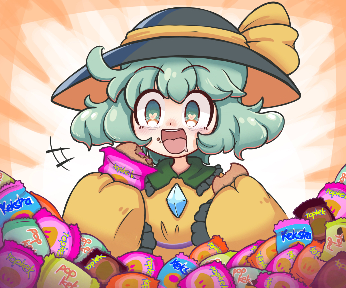 keb00b, komeiji koishi, touhou, commentary, english commentary, +++, 1girl, :d, bags under eyes, belt, black hat, blush, bow, buttons, cake, collar, diamond button, drooling, eating, emphasis lines, food, food bite, food on face, food packaging, frilled shirt collar, frilled sleeves, frills, green collar, green eyes, green hair, hat, heart, heart-shaped pupils, kekstra (snack), long sleeves, open mouth, pile, pop kek (snack), purple belt, raised eyebrows, ribbon, shirt, short hair, smile, snack, snack bag, solo, symbol-shaped pupils, teeth, topkek (snack), upper body, upper teeth only, wide sleeves, yellow bow, yellow ribbon, yellow shirt