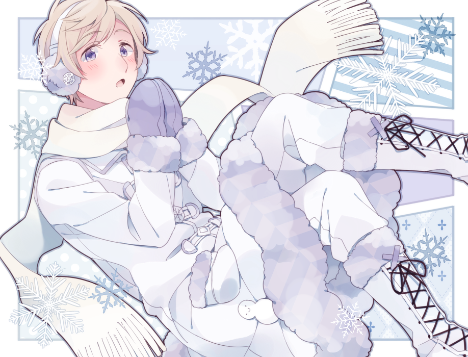 saku anna, russia (hetalia), axis powers hetalia, commentary request, 1boy, argyle background, baggy pants, blonde hair, blue background, boots, buttons, coat, collared dress, dress, earmuffs, full body, fur-trimmed boots, fur-trimmed sleeves, fur trim, gloves, hands up, leg up, long sleeves, looking at viewer, male focus, open mouth, own hands together, pants, pocket, polka dot, polka dot background, purple background, purple eyes, purple gloves, scarf, short hair, sitting, smile, snowflake background, snowflake ornament, snowflakes, snowman, solo, striped background, white boots, white coat, white pants, white scarf