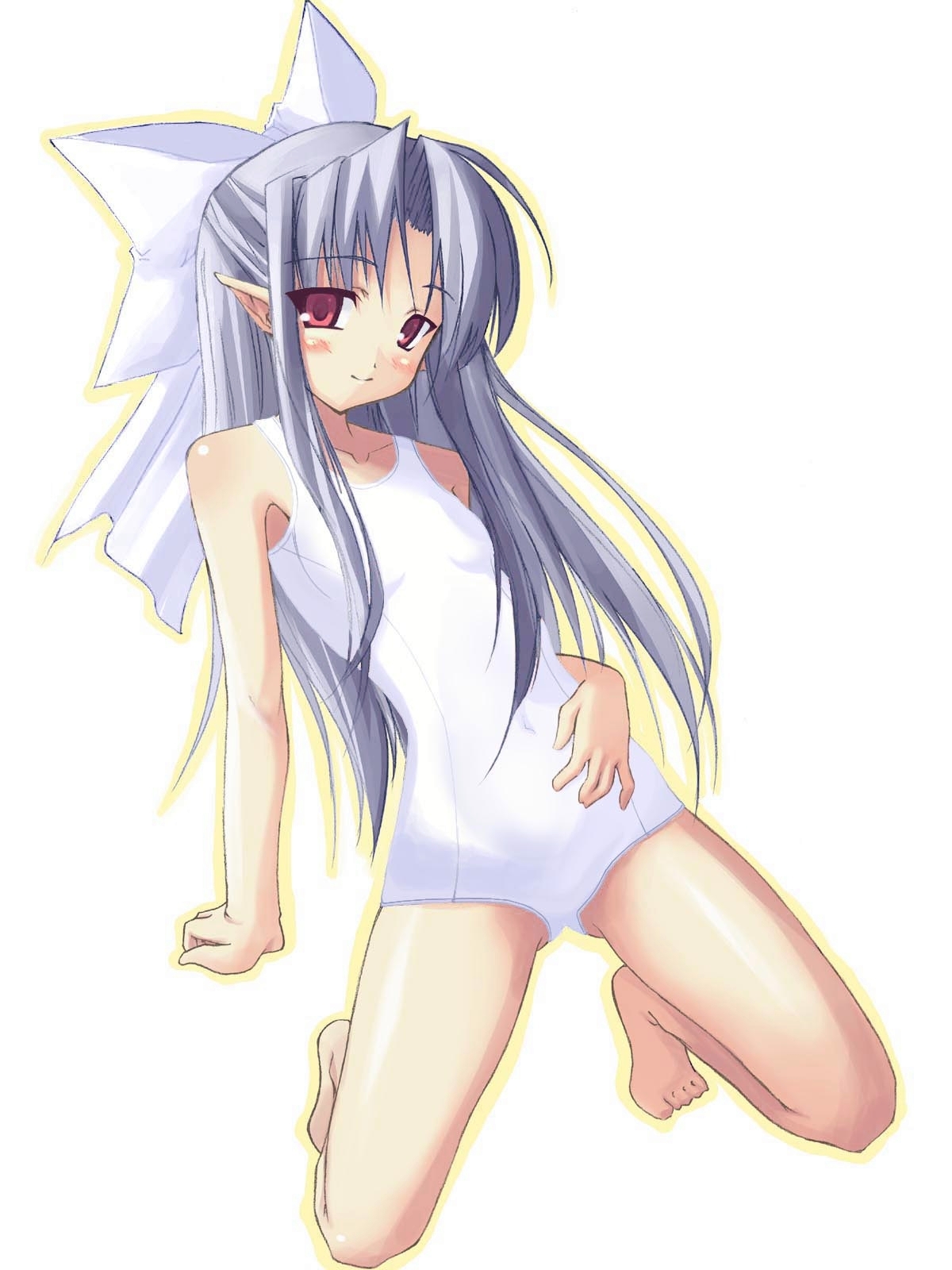 shingo (missing link), len (tsukihime), white len (tsukihime), tsukihime, exif thumbnail surprise, highres, 00s, 1girl, bare shoulders, barefoot, blush, bow, breasts, collarbone, feet, female focus, hair bow, hair ornament, half updo, kneeling, large bow, legs, light smile, long hair, looking at viewer, one-piece swimsuit, outline, pointy ears, red eyes, school swimsuit, simple background, small breasts, solo, swimsuit, toes, white background, white one-piece swimsuit, white school swimsuit