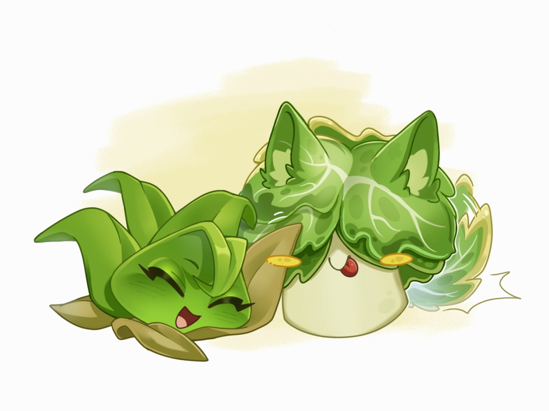 veghia, boom balloon flower (plants vs. zombies), plants vs. zombies, plants vs. zombies 2, chinese commentary, commentary request, :d, :p, ^ ^, animal ear fluff, animal ears, blush stickers, border, closed eyes, closed mouth, covered eyes, facing viewer, hair over eyes, headbutter lettuce (plants vs. zombies), kemonomimi mode, lettuce, no humans, open mouth, outside border, plant, plant focus, simple background, smile, tail, tongue, tongue out, white border, wolf ears, wolf tail, yellow background