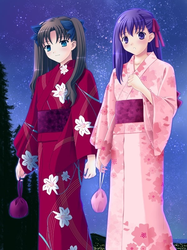 yoshida inuhito, matou sakura, tohsaka rin, fate/stay night, fate (series), 00s, 2girls, floral print, japanese clothes, kimono, multiple girls, obi, pink kimono, print kimono, red kimono, sash, siblings, sisters, sky, star (sky), starry sky, yukata