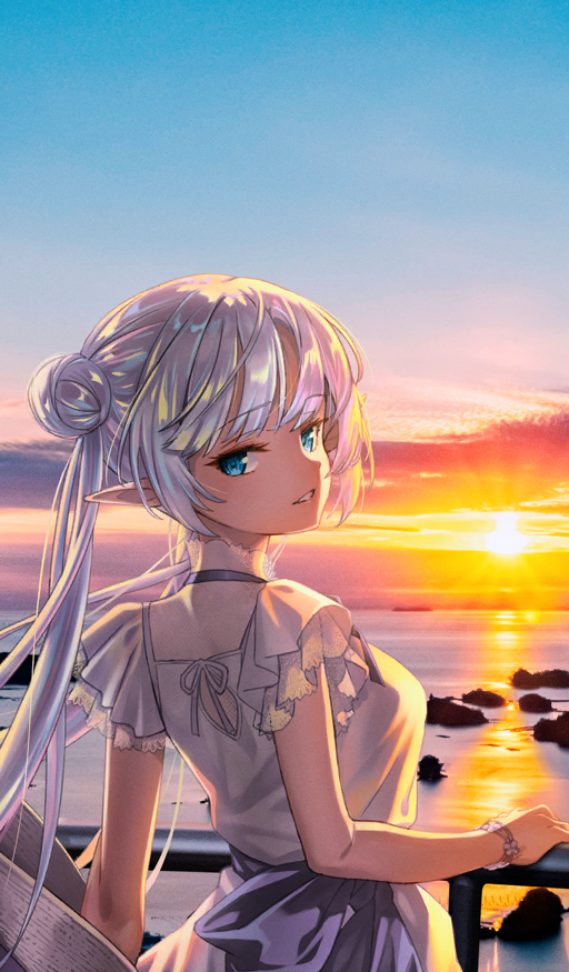 matsuryuu, britomart (fate), fate/grand order, fate (series), commentary request, game cg, official art, third-party source, 1girl, blue eyes, breasts, cowboy shot, double bun, dress, eyelashes, hair bun, horizon, long hair, looking at viewer, looking back, medium breasts, ocean, official alternate costume, outdoors, photo background, pointy ears, short sleeves, sidelocks, smile, solo, sun, sunset, twintails, very long hair, white dress, white hair