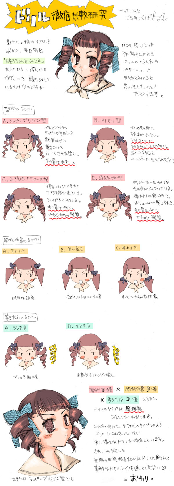 mitsuki kurage, mitsuki kurage (cheeeriomary), matsudaira touko, maria-sama ga miteru, highres, translation request, 00s, 1girl, blue ribbon, brown eyes, brown hair, comparison, drill hair, hair ribbon, ribbon