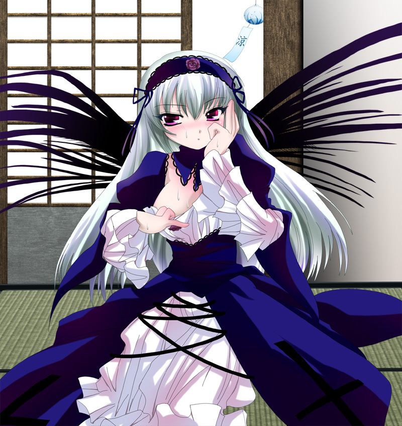 suigintou, rozen maiden, silver hair, 00s, 1girl, blush, bonnet, breasts, doll, dress, female focus, red eyes, sliding doors, solo, wings