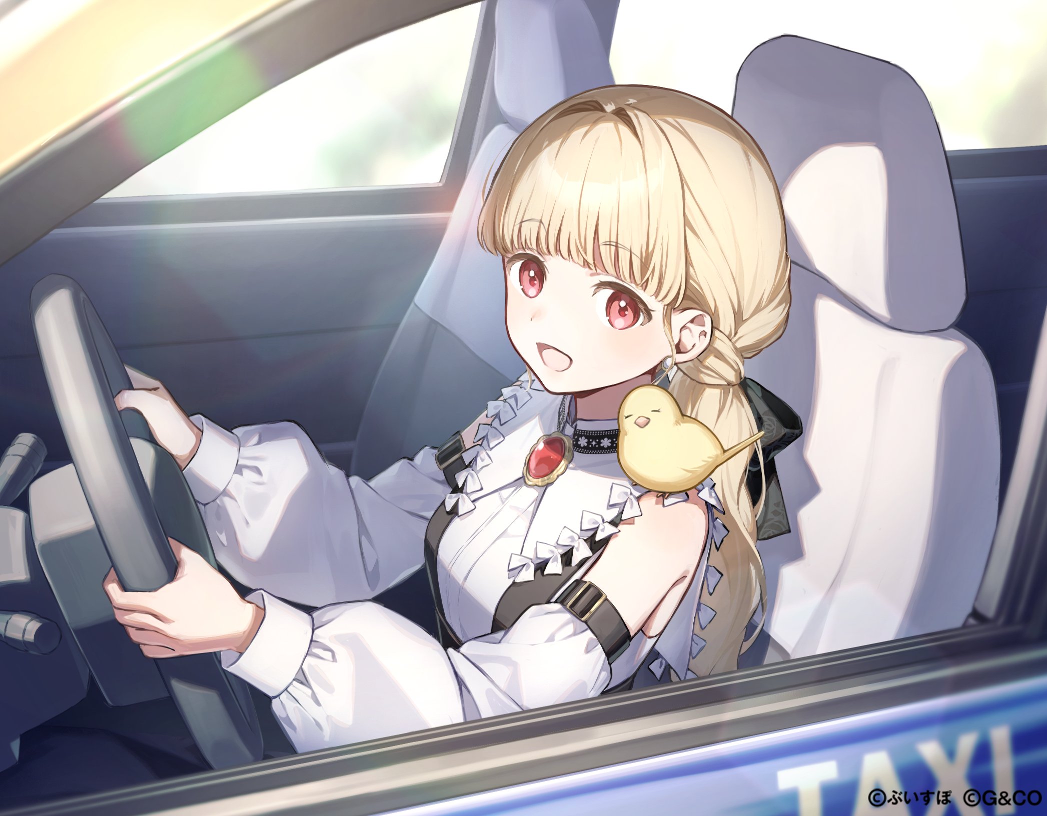 hanamoto, kogara toto, vspo!, highres, 1girl, animal, animal on shoulder, bare shoulders, bird, bird on shoulder, blonde hair, brooch, car, copyright notice, detached sleeves, dress, driving, jewelry, long hair, long sleeves, motor vehicle, open mouth, red brooch, red eyes, sitting, smile, solo, steering wheel, taxi, upper body, virtual youtuber, white dress, white sleeves