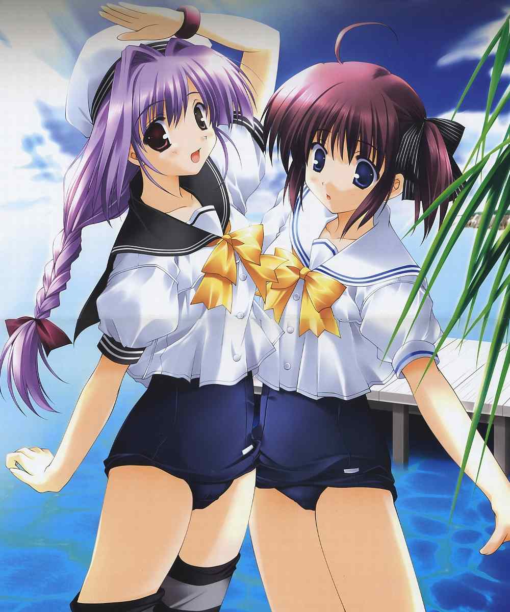 ikegami akane, sion eltnam (type-moon), sion eltnam atlasia, original, type-moon, black legwear, striped legwear, highres, jpeg artifacts, scan, 2girls, :d, :o, ahoge, beret, blue eyes, blush, bow, bowtie, bracelet, braid, buttons, cloud, crease, crop top, day, hair intakes, hair ribbon, hat, jewelry, leaf, long hair, multiple girls, no pants, one-piece swimsuit, open mouth, outdoors, pink eyes, pink hair, purple hair, ribbon, school swimsuit, school uniform, serafuku, short hair, single braid, sky, smile, standing, striped clothes, striped thighhighs, swimsuit, swimsuit under clothes, thighhighs, water, yellow bow, zettai ryouiki