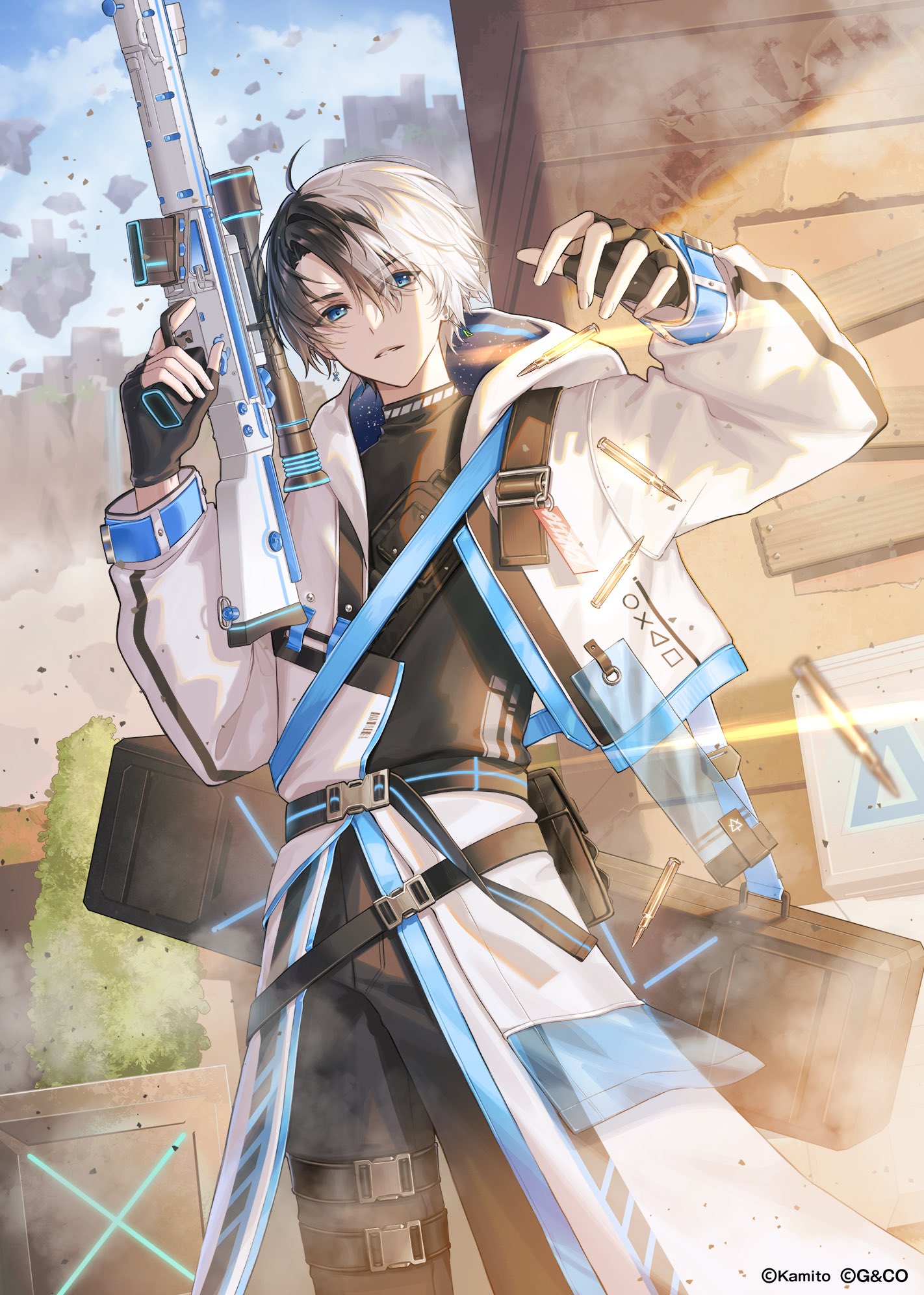 kawausoman, kamito (vtuber), indie virtual youtuber, highres, 1boy, black gloves, black hair, black pants, black shirt, blue eyes, copyright name, fingerless gloves, gloves, gun, h&k psg1, holding, holding gun, holding weapon, jacket, multicolored hair, open clothes, open jacket, pants, rifle, shirt, short hair, sniper rifle, solo, split-color hair, two-tone hair, virtual youtuber, weapon, white hair, white jacket
