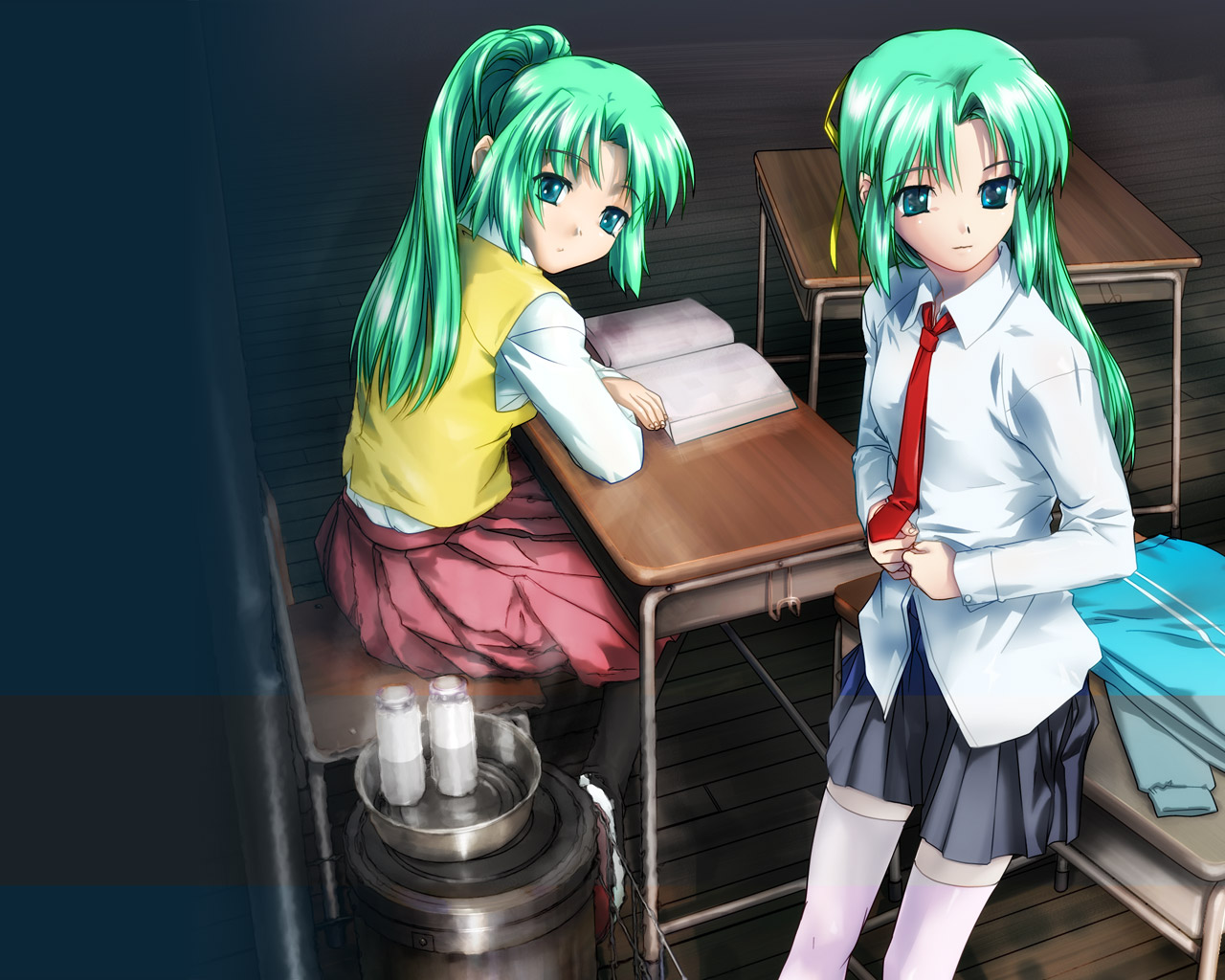 ashibe ryou, sonozaki mion, sonozaki shion, higurashi no naku koro ni, 00s, 2girls, green hair, multiple girls, pleated skirt, school uniform, siblings, sisters, skirt, thighhighs, twins
