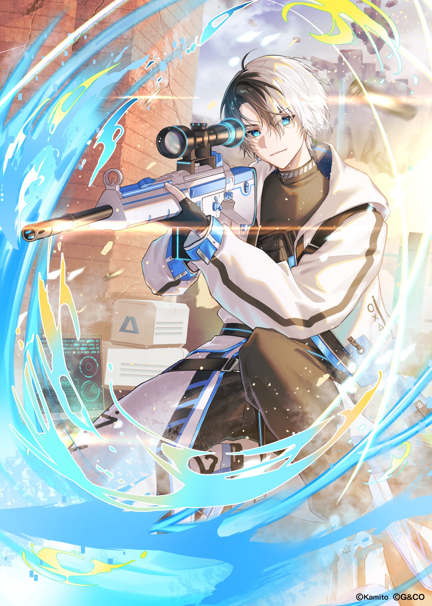 kawausoman, kamito (vtuber), indie virtual youtuber, highres, 1boy, aiming, black gloves, black hair, black pants, black shirt, blue eyes, copyright name, fingerless gloves, gloves, gun, h&k psg1, holding, holding gun, holding weapon, jacket, multicolored hair, open clothes, open jacket, pants, rifle, shirt, short hair, sniper rifle, solo, split-color hair, two-tone hair, virtual youtuber, weapon, white hair, white jacket