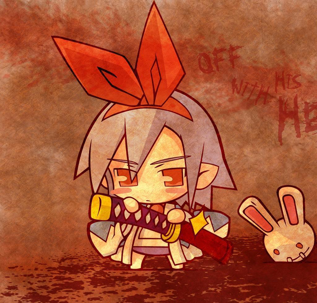 yagumo kengou, pleinair, usagi-san, nippon ichi, chibi, chibi only, frown, katana, rabbit, solo, sword, weapon