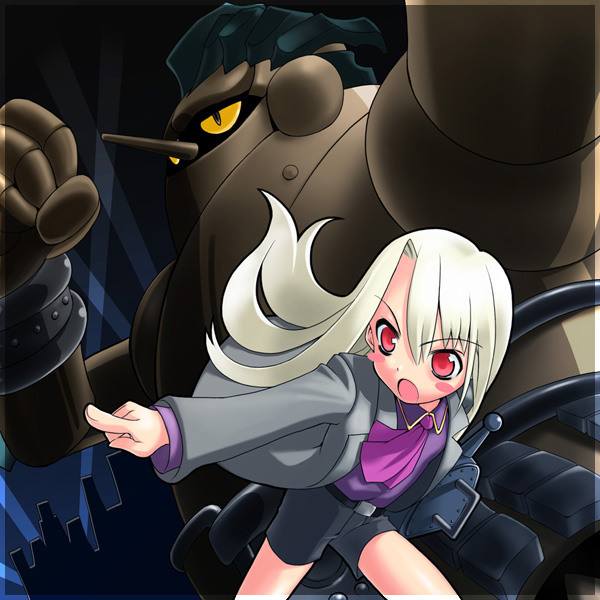 illyasviel von einzbern, fate/stay night, fate (series), tetsujin 28-gou, tetsujin 28-gou (classic), 1960s (style), crossover, oldschool, parody, retro artstyle, robot, solo, thighs