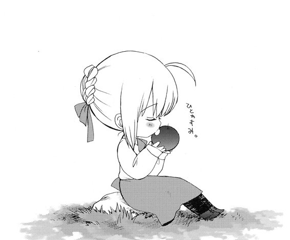 artoria pendragon (fate), saber (fate), fate/stay night, fate (series), ringo, 00s, 1girl, apple, blouse, chibi, chibi only, female focus, food, fruit, greyscale, holding, holding food, holding fruit, monochrome, pantyhose, shirt, solo