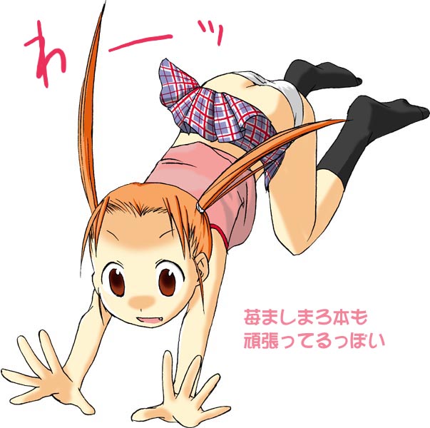 matsuoka miu, ichigo mashimaro, 1girl, black socks, brown eyes, brown hair, butt crack, camisole, falling, female focus, long hair, miniskirt, panties, pantyshot, plaid clothes, plaid skirt, pleated skirt, simple background, skirt, socks, solo, tripping, twintails, underwear, white background, white panties