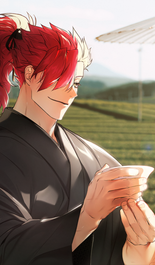dd (vktr4837), mori nagayoshi (fate), fate/grand order, fate (series), commentary request, game cg, official art, third-party source, 1boy, closed mouth, cup, day, grey kimono, hair over one eye, hands up, holding, holding cup, japanese clothes, kimono, male focus, medium hair, official alternate costume, one eye covered, outdoors, photo background, ponytail, red hair, rice paddy, smile, solo, upper body