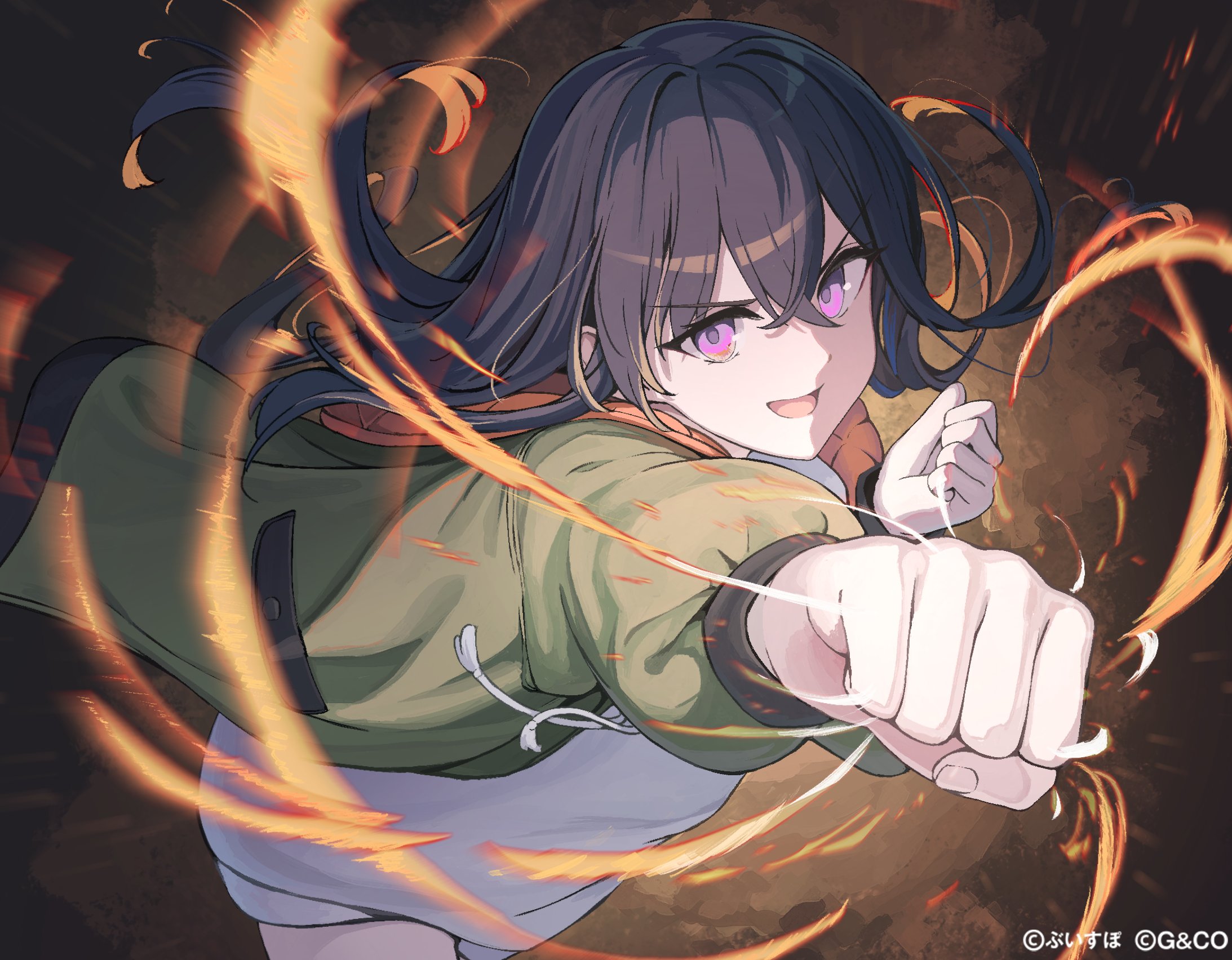 mikisai, ichinose uruha, ichinose uruha (2nd costume), vspo!, highres, official art, 1girl, black hair, copyright name, green jacket, jacket, long hair, long sleeves, looking at viewer, open clothes, open jacket, open mouth, punching, purple eyes, shirt, solo, virtual youtuber, white shirt