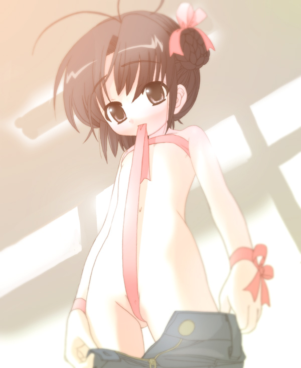 houmitsu, copyright request, 1girl, antenna hair, blush, cuffs, female focus, loli, mouth hold, naked ribbon, no bra, no panties, pussy, pussy peek, ribbon, solo, topless female, wristband