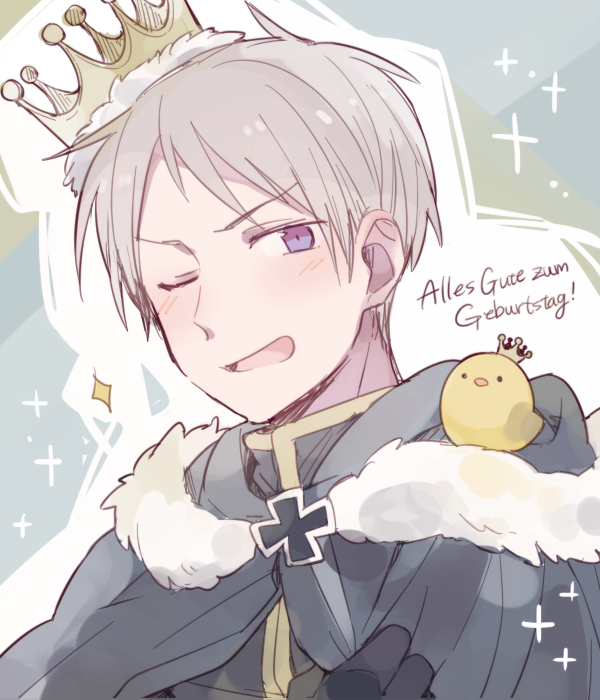 saku anna, gilbird, prussia (hetalia), axis powers hetalia, commentary request, 1boy, animal, animal on shoulder, baby animal, beak, bird, bird on shoulder, black cape, black gloves, black shirt, blush, cape, chick, cross, crown, fur-trimmed cape, fur trim, german text, gloves, grey background, grey hair, iron cross, looking at viewer, male focus, mini crown, one eye closed, open mouth, pet, purple eyes, shadow, shirt, short hair, smile, sparkle background, v-shaped eyebrows