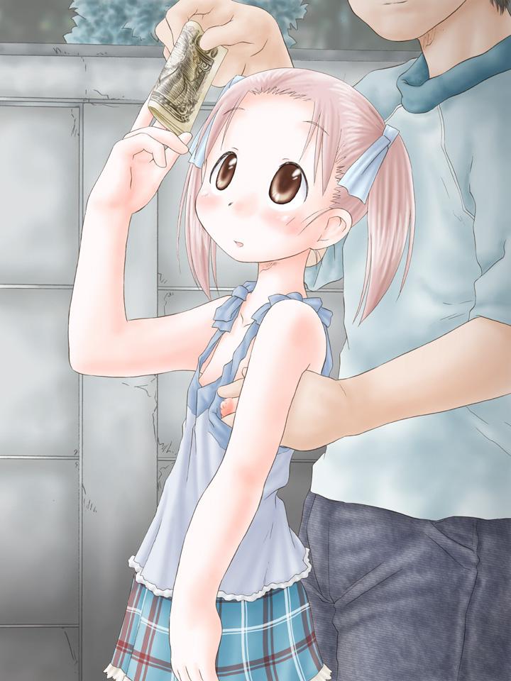 zummy, matsuoka miu, berry piece, ichigo mashimaro, jpeg artifacts, 1boy, 1girl, age difference, banknote, bare shoulders, blush, breasts, brown eyes, camisole, collarbone, compensated molestation, flat chest, flat chest grab, frills, grabbing another's breast, grabbing from behind, groping, hair ribbon, hetero, holding, holding money, loli, looking up, money, nipple slip, nipples, open mouth, outdoors, pink hair, plaid clothes, plaid skirt, raglan sleeves, ribbon, short hair, short twintails, skirt, solo focus, standing, twintails