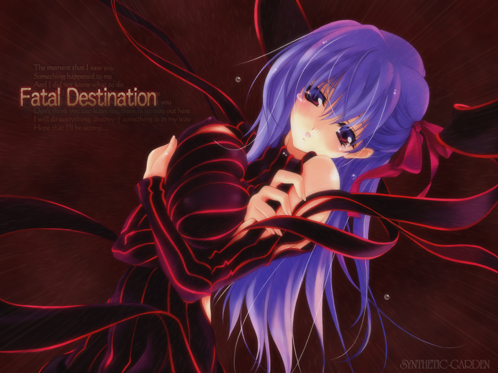 dark sakura, matou sakura, fate/stay night, fate (series), 00s, 1girl, bow, dress, female focus, hair ribbon, long hair, purple hair, red background, red eyes, ribbon, solo, striped clothes, striped dress, turtleneck, turtleneck dress, vertical-striped clothes, vertical-striped dress