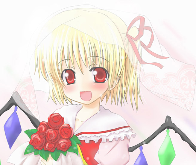 flandre scarlet, touhou, 1girl, bouquet, bridal veil, bride, dress, female focus, flower, red flower, red rose, rose, solo, veil, wedding dress, wings