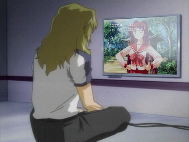 amazuyu tatsuki, kousaka tamaki, mu la flaga, gundam, gundam seed, gundam seed destiny, to heart (series), to heart 2, anime screenshot, jpeg artifacts, third-party edit, 1boy, 1girl, back, bed, black pants, blonde hair, bow, breasts, bush, cable, closed eyes, crossover, day, forest, from behind, full body, grass, hands on own hips, indian style, indoors, long hair, long sleeves, medium breasts, nature, on bed, outdoors, pants, parody, parted bangs, playing games, red bow, red hair, school uniform, serafuku, shirt, short sleeves, shrine, single vertical stripe, sitting, standing, straight hair, t-shirt, television, tree, upper body, very long hair, visual novel, wavy hair, white shirt