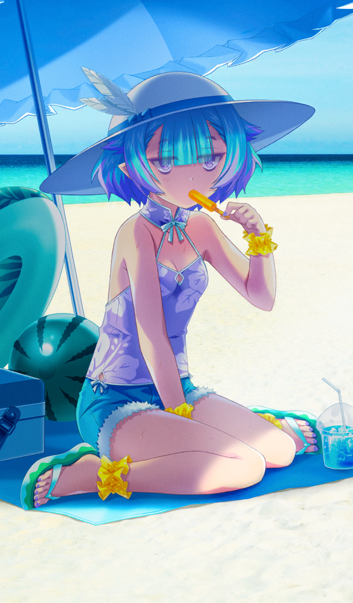 black (artist), locusta (fate), fate/grand order, fate (series), commentary request, game cg, official art, third-party source, 1girl, anklet, aqua hair, arm support, backless outfit, bare shoulders, beach, beach umbrella, between legs, blue shorts, blue sky, bracelet, breasts, camisole, center-flap bangs, cleavage, cup, day, denim, denim shorts, drink, drinking straw, eating, fingernails, food, food in mouth, fruit, green sandals, hair over eyes, halterneck, hand between legs, hat, holding, holding food, holding popsicle, horizon, innertube, jewelry, jitome, mouth hold, multicolored hair, ocean, official alternate costume, outdoors, photo background, pointy ears, popsicle, popsicle in mouth, purple camisole, purple eyes, purple nails, sandals, short hair, short shorts, shorts, sitting, sky, solo, sun hat, sunlight, swim ring, toenails, two-tone hair, umbrella, wariza, watermelon, white hat