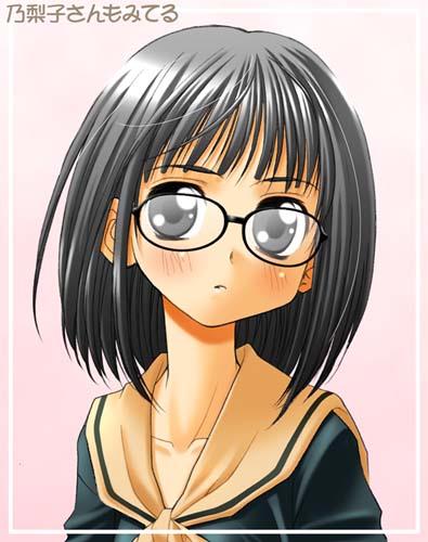 bakutendou, nijou noriko, maria-sama ga miteru, lowres, 00s, 1girl, blush, collarbone, female focus, glasses, grey eyes, grey hair, pink background, portrait, school uniform, short hair, simple background, solo
