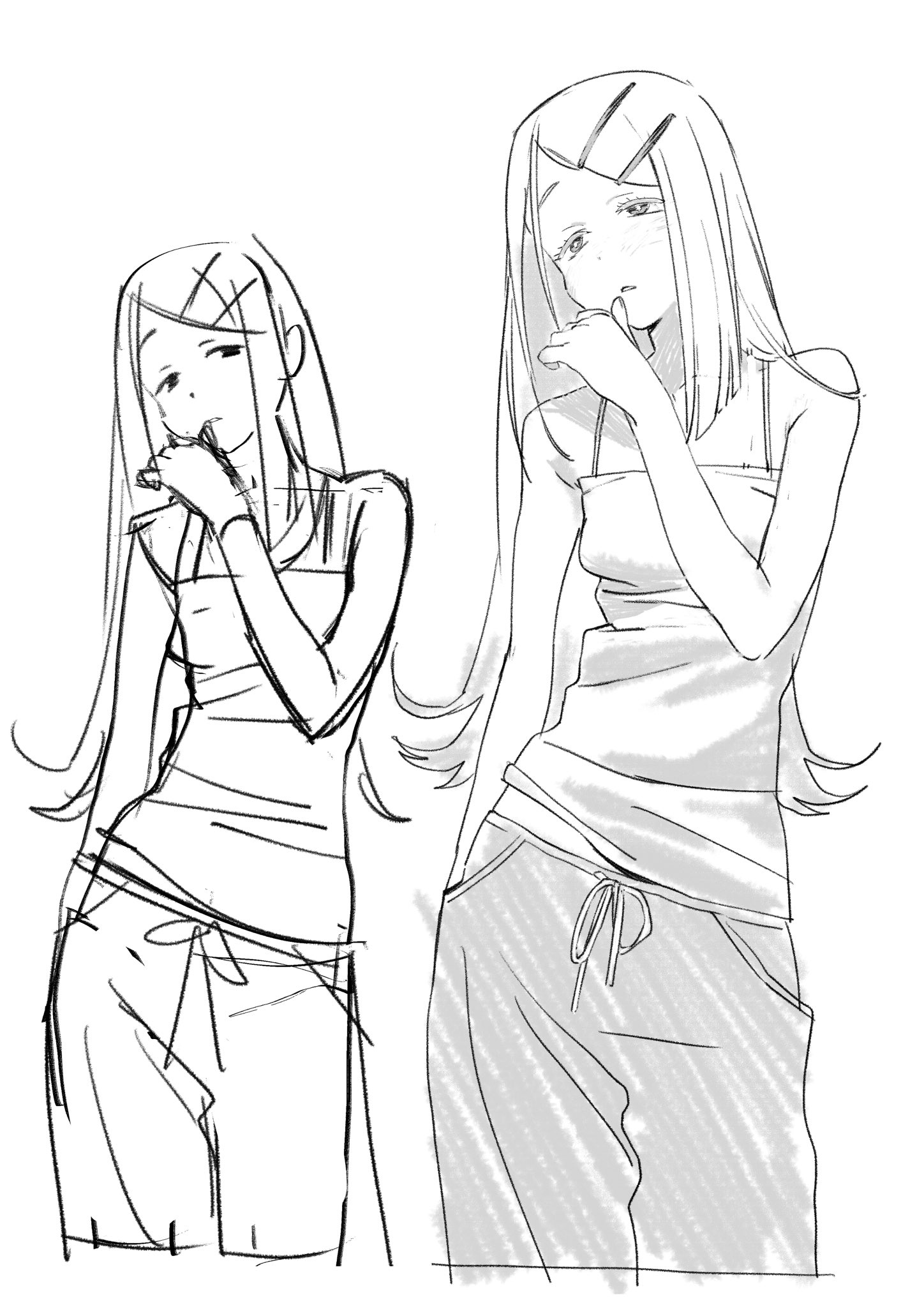pukunosu8, shinosawa hiro, gakuen idolmaster, idolmaster, highres, 1girl, bare shoulders, camisole, greyscale, hair ornament, hairclip, long hair, monochrome, panties, pants, sketch, tank top, underwear