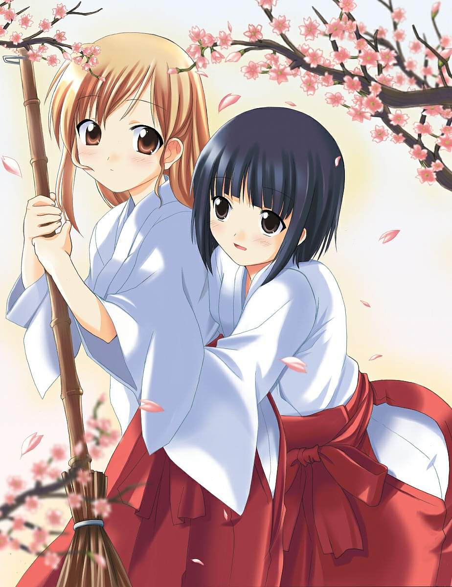 souryuu (double dragon), nijou noriko, toudou shimako, maria-sama ga miteru, highres, 00s, 2girls, blush, broom, hakama, hakama skirt, japanese clothes, miko, multiple girls, red hakama, skirt