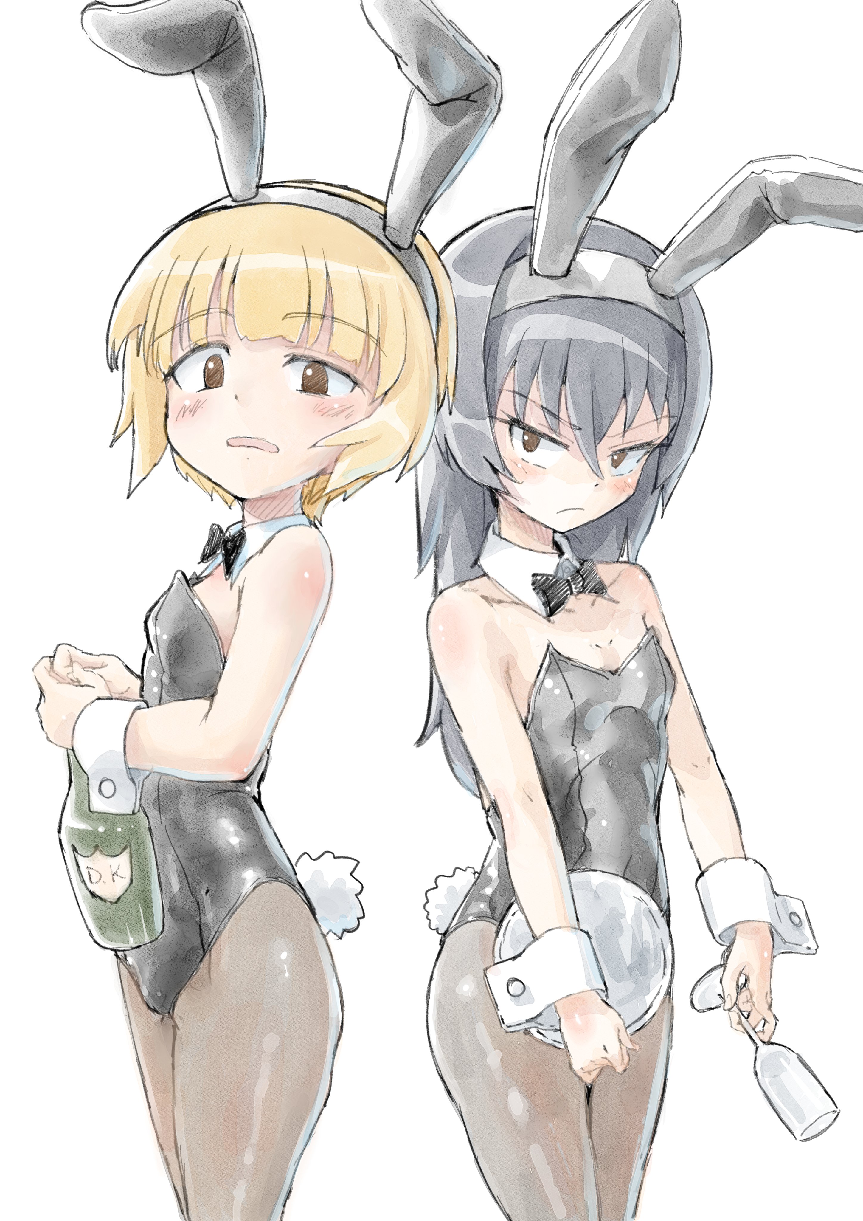 kuroneko douji, cutlass (girls und panzer), reizei mako, girls und panzer, absurdres, highres, 2girls, animal ears, black bow, black bowtie, black hair, black pantyhose, blonde hair, bow, bowtie, breasts, brown eyes, champagne bottle, cup, detached collar, drinking glass, leotard, long hair, medium hair, multiple girls, pantyhose, petite, playboy bunny, rabbit ears, rabbit tail, simple background, small breasts, tail, white background, wrist cuffs