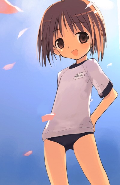 shimada fumikane, 1girl, backlighting, blouse, blurry, brown eyes, brown hair, buruma, character name, cherry blossoms, cowboy shot, day, depth of field, falling petals, female focus, gym uniform, hand on own hip, happy, legs apart, name tag, outdoors, parted bangs, petals, shirt, short hair, solo, standing, white shirt